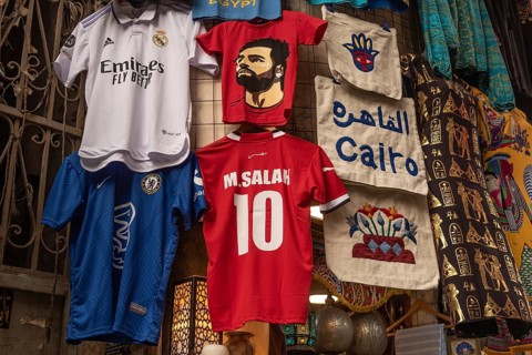 Cairo, Egypt, November 26th 2022 Egyptian, Mo Salah football shirts being sold as tourist souvenirs