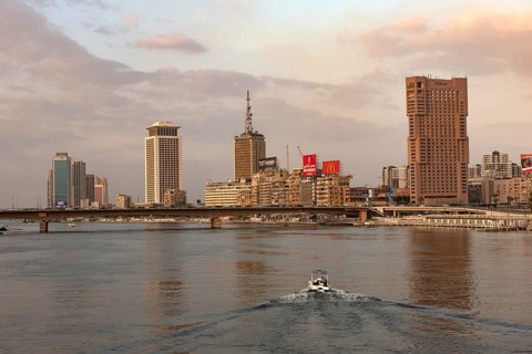 Cairo, Egypt, November 26th 2022 Cairo city skyline with Ramses Hilton Hotel over the River Nile