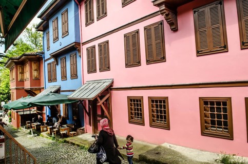 Bursa, Turkey. April 21st 2014 Pretty coloured houses along a side street in Bursa City, turkey