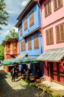 Bursa, Turkey. April 21st 2014 Pretty coloured houses along a side street in Bursa City, Turkey