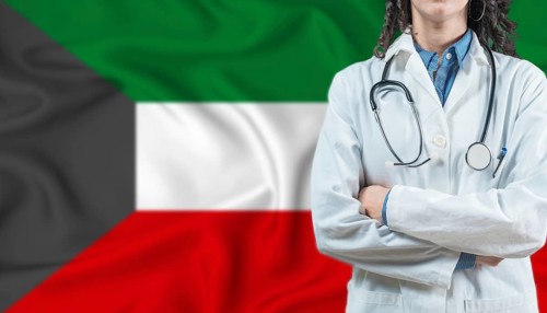 Medical professional on Kuwait flag. Healthcare and wellness in Kuwait, Concept