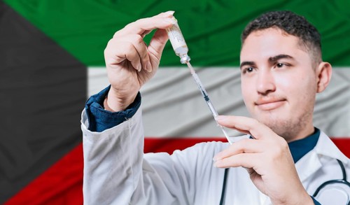 Doctor holding syringe on Kuwait flag background. Medical professional holding syringe with Kuwaiti