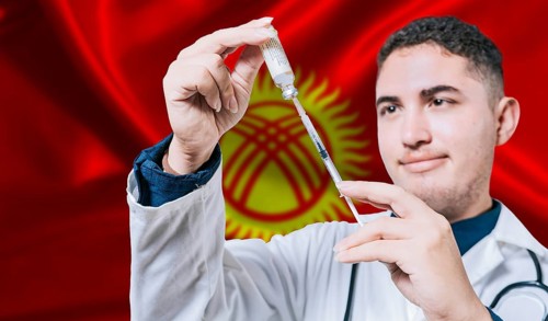 Doctor holding syringe on Kyrgyzstan flag background. Medical professional holding syringe with