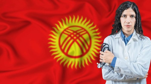 Kyrgyzstani national health system, Medical professional on Kyrgyzstani flag background