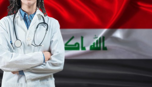 Medical professional on Iraq flag. Healthcare and wellness in Iraq, Concept