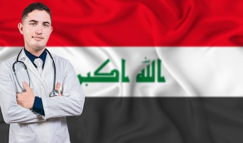 Portrait of medical professional on Iraq flag background. Iraqi national health system