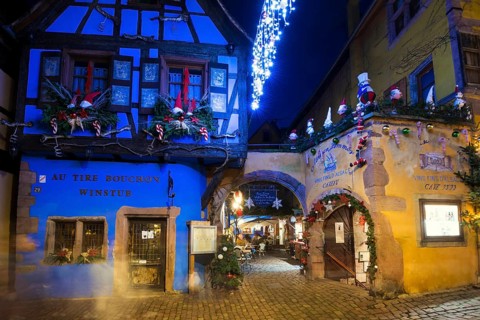 Colour-illuminated and Christmassy decorated half-timbered houses, blue hour, Christmas market,