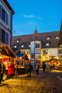 Colour-illuminated and Christmassy decorated half-timbered houses, blue hour, Christmas market,
