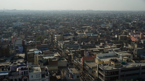 View of Delhi, expansive view of urban buildings and roofs extending to the horizon, Delhi, India