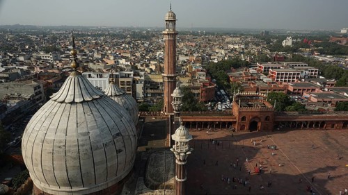 Historic Jama Masjid mosque with domes and minarets overlooks the city, Delhi, India