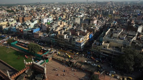 View of Muslim quarter in Delhi with many buildings to the horizon, Delhi, India