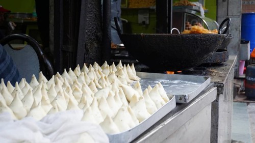 Preparing samosas in an Indian food stand, Manali, Himachal Pradesh, India