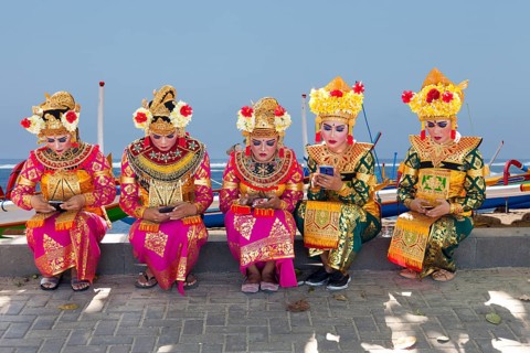 Legong dancers waiting for their performance, (background changed), Sanur, Bali, Indonesia