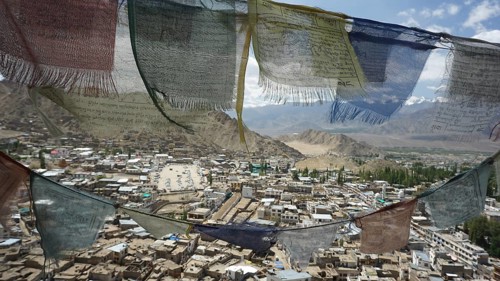 Colourful prayer flags waving in the wind, view of Leh Palace and mountains in the background,
