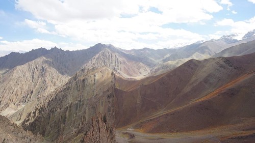 Mountain landscape with steep peaks and clear, beautifully illuminated area, trekking at Stok La