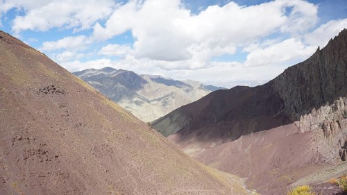 Mountain landscape with soft colors under a partly cloudy sky, trekking at Stok La Pass in Ladakh,