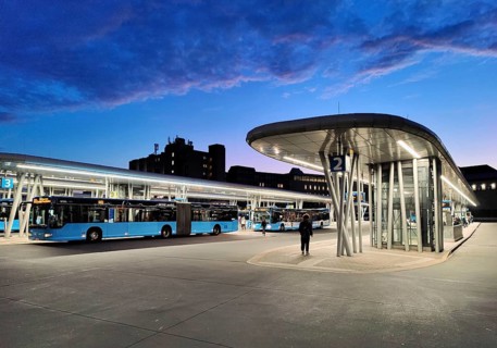 Bus station in the early morning right next to Wuppertal main station, public transport connection,