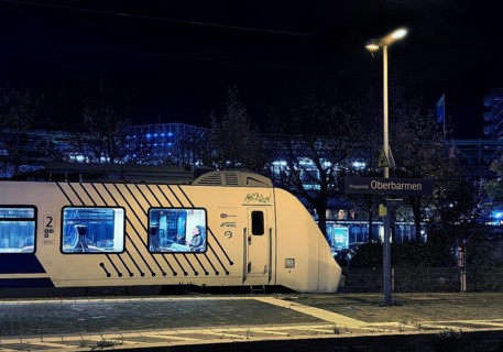 Local train at Oberbamen station at night, Wuppertal, North Rhine-Westphalia, Germany