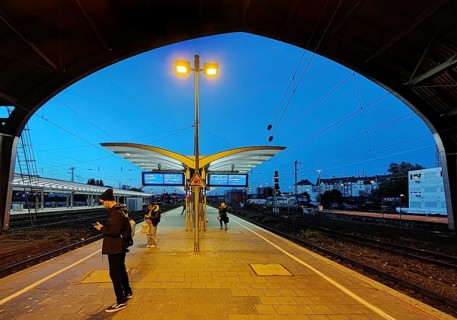View from the platform hall in the evening, central railway station, Hagen, North Rhine-Westphalia,