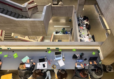 Students in the stairwell of the Ruhr University Library, abbreviated RUB, Bochum, Ruhr region,