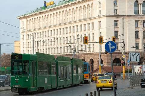 Sofia, Bulgaria. April 6th 2019 Tram and Traffic in Sofia City Center, Bulgaria