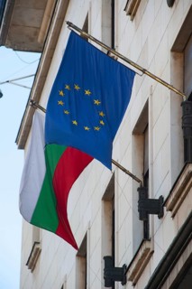 Sofia, Bulgaria, June 4th 2019 Bulgarian and European Union Flag outside a Bulgarian Government