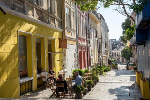 Varna, Bulgaria. September 7th 2020 Coffee shops along a pretty street in a trendy Varna