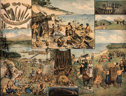 Illustrated school blackboard depicting various scenes and objects from the Stone Age, especially