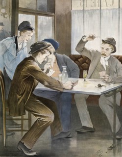 Bad habits of men, card game and alcohol, around 1910, France, authentic, digitally restored