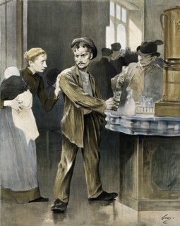 Symbolic alcohol abuse, payday, day on which wages or salaries are paid out. Man standing at a bar