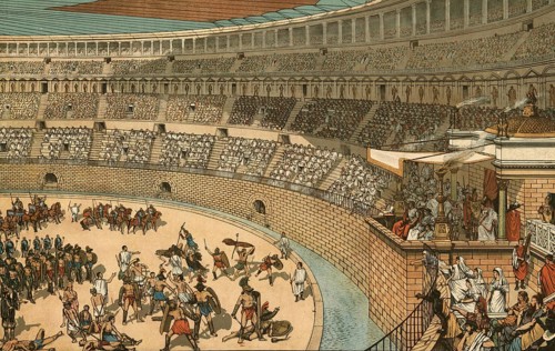 Scene in ancient Rome, presumably the inauguration of the Colosseum, Flavian Amphitheatre, in 80