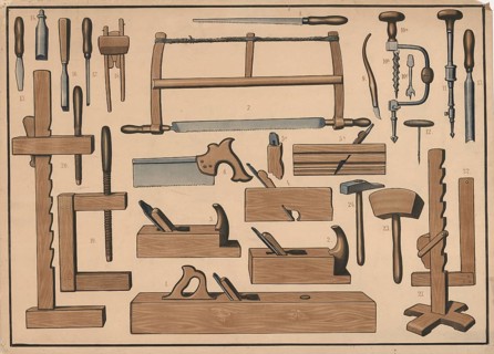 Color lithograph with various woodworking tools typically used by carpenters or carpenters,