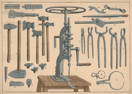 Collection of tools used primarily for metalworking, blacksmith tools, in the middle is a
