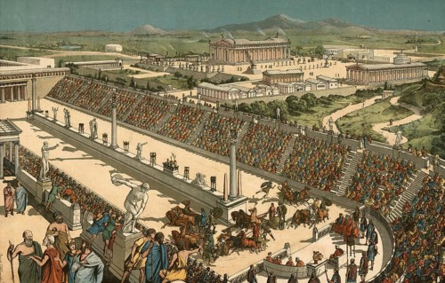 Chariot racing in historic Greece, Athens, authentic, digitally restored reproduction from a 19th