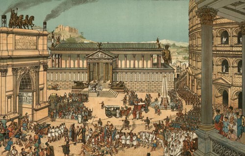 Reconstruction of the Roman Forum, the religious, political and commercial center of ancient Rome,