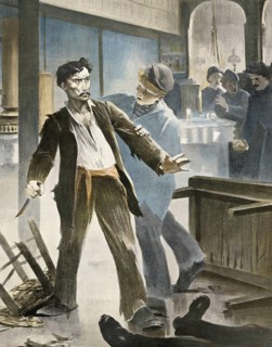 Symbolic alcohol abuse, man rioted while intoxicated and stabbed another man, around 1910, France,