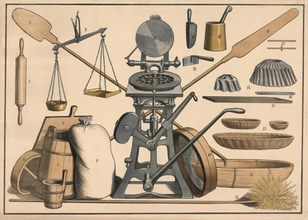 Historical tool board for the bakery trade, the central element is a mechanical dough divider,