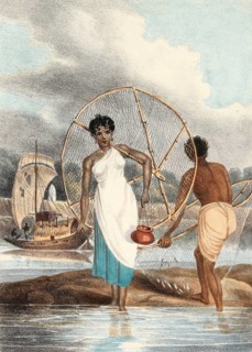 Fisherman and woman with net and small fish on shore, India, authentic, digitally restored