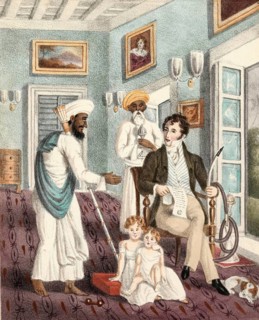 Indian with an Assaburdar or long silver rod cup, next to a colonial man with a water pipe, India,