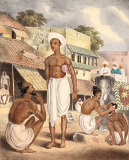 Hairdresser on the street with waiting customers, India, authentic, digitally restored reproduction
