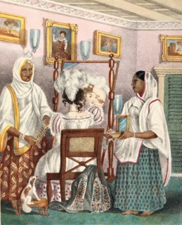 Female companions of an elegant woman in India, authentic, digitally restored reproduction from a