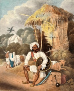 Police officer, guard in front of his dugout, village guard, India, authentic, digitally restored