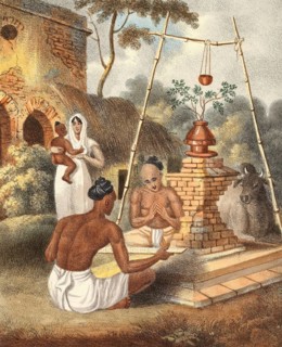 Brahmins at a Toolsee altar, India, authentic, digitally restored reproduction from a 19th century