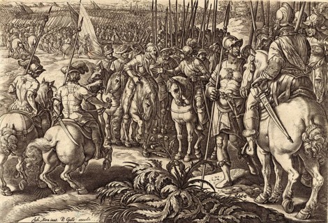 History of the Medici, Giovanni de' Medici on horseback talking to the leader of the Swiss troops.