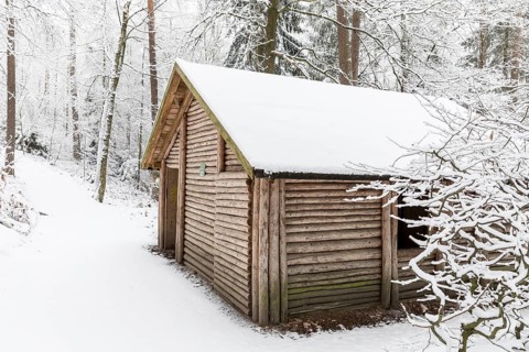 Snowy shelter in the Tharandter Forest, Saxony, Germany