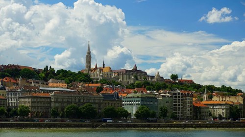 City view of the old town of Budapest, Historic buildings on a hill overlooking the Danube under a