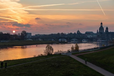 City view with Elbe, Academy of Arts, Church of Our Lady and Ständehaus at sunrise, Dresden,