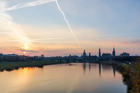 City view with Elbe, Academy of Arts, Church of Our Lady, Ständehaus, Hofkirche, Hausmannsturm and