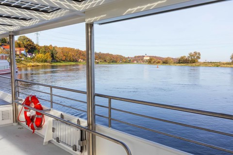 On the new Klarisse electric Elbe ferry on the Elbe between Niederlommatzsch and Diesbar-Seußlitz,