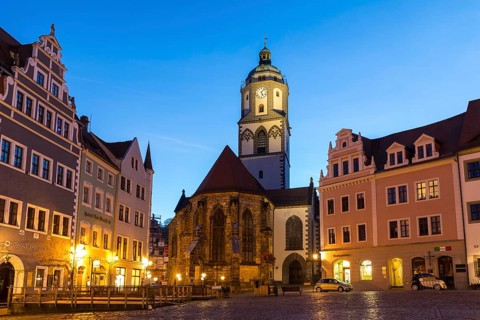 Market square with Church of Our Lady with glockenspiel at the Blue Hour, twilight view, Meissen,